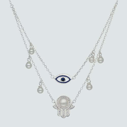 Collar Cascada Mano de Fátima Ojo Turco Perlas y Circones