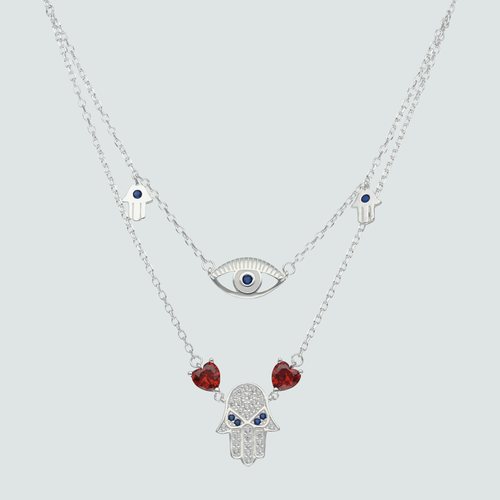 Collar Cascada Ojo Turco Mano de Fátima Circones Zafiro y Naranja