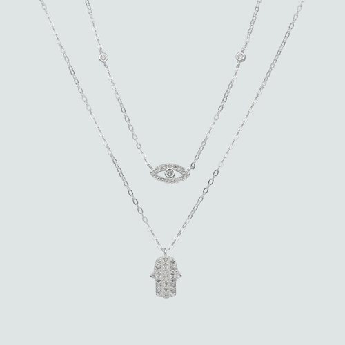 Collar Doble Ojo Turco y Mano de Fátima con Circones