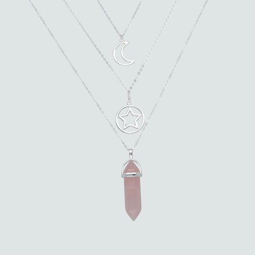 Collar Triple Media Luna, Estrella y Cuarzo Rosado