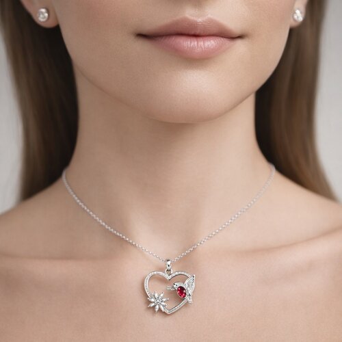 Colgante Corazón Colibrí Flor Circón Rubí