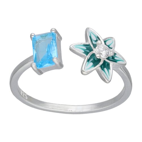 Anillo Ajustable Flor Circón Baguette Agua Marina