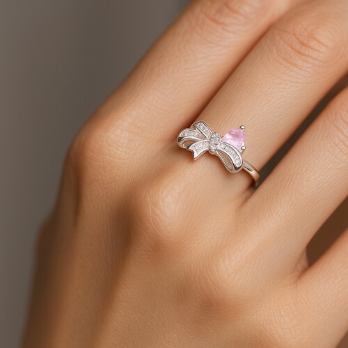 Anillo Lazo Coquette Corazón Circón Rosa Francia