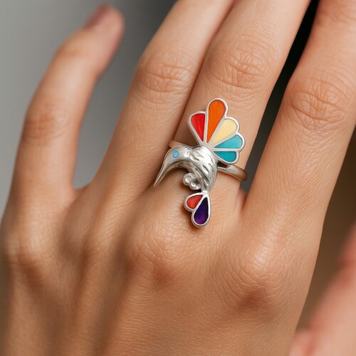 Anillo Ajustable Colibrí Piedras Naturales Multicolor