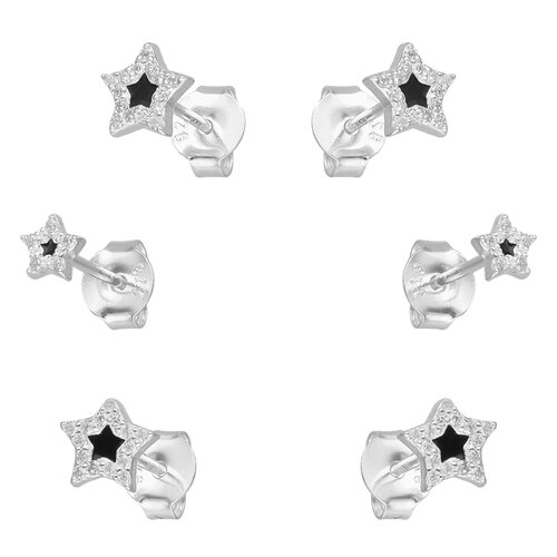 Set Aros Minimalista Estrellas Circones Esmaltados Ónix