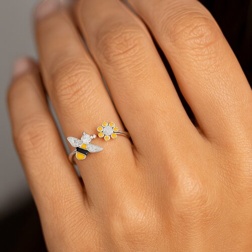 Anillo Ajustable Abeja Flor Esmaltada Circón