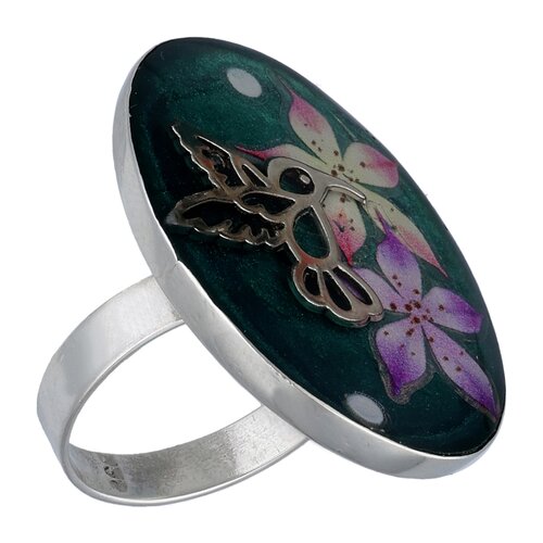 Anillo Óvalo Colibrí Flores Metalizado