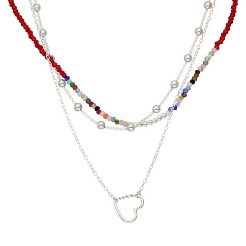 Collar Triple Corazón Esferas Cristales Multicolor