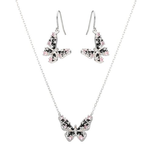 Set Collar Aros Mariposa Esmaltada Circones Rosa Francia