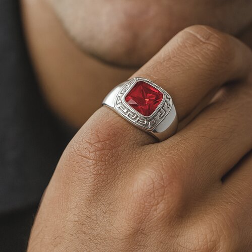 Anillo Sello Guarda Griega Circón Granate