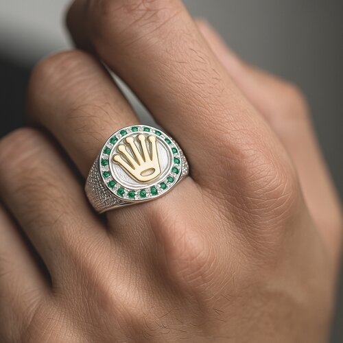 Anillo Sello Corona en Oro Circones Esmeralda