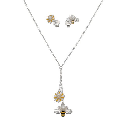 Set Collar y Aro Desigual Flor Margarita Abeja Circones Esmaltado