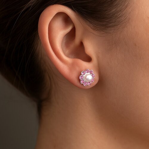 Aro Flor Perla Cristales Rosado