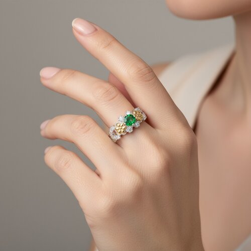 Anillo Flores en Oro Hojas Circones Esmeralda