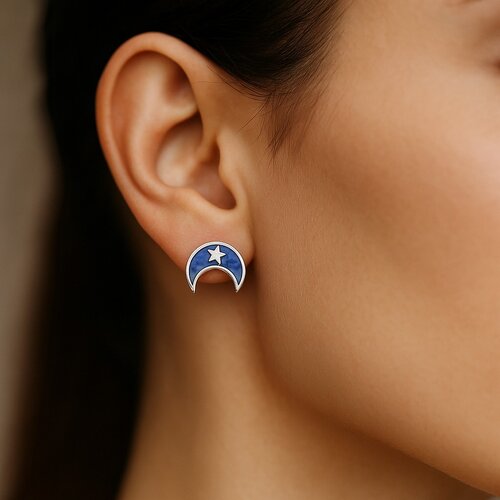 Aro Media Luna Estrella Esmaltado Azul