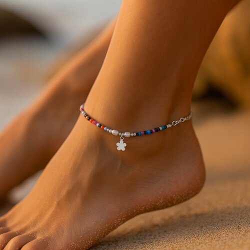 Tobillera Perlas Flor Cristales Multicolor