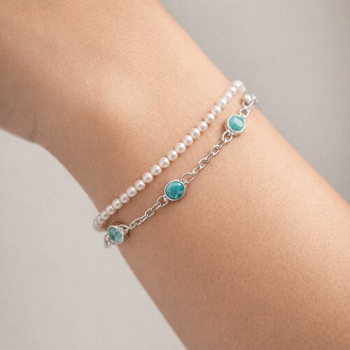 Pulsera Doble Perlas Circones Agua Marina